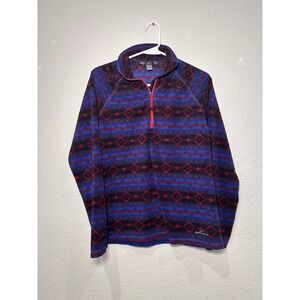 Eddie Bauer Womens Medium Fleece Pullover 1/4 Zip Blue Red Geometric Fair Isle